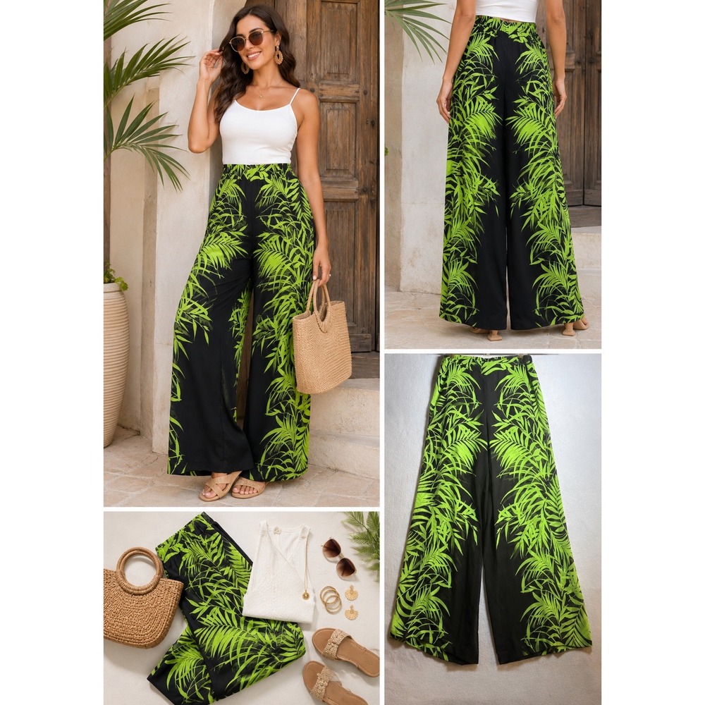 Bisou Bisou Michele Bohbot Neon Green Palm Leaf Wide Leg Tropical Pants Medium